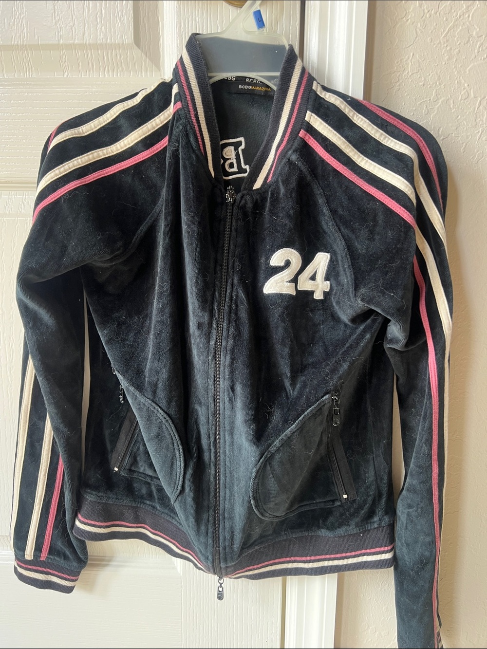 BCBG Black Velour Varsity Jacket with Pink & Cream Stripes